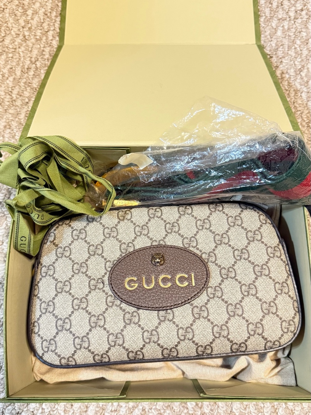 Gucci Beige GG Supreme Canvas Crossbody with Brown Trim and Green Strap
